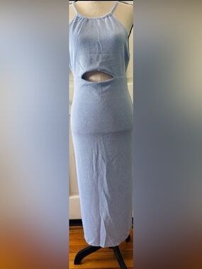 19 Cooper Light Blue shimmer Ribbed halter cut out front back party midi dress
